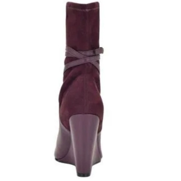GUESS Burgundy Purple Mixed Media Buckled Strap Acora Point Toe Wedge dress Boot - Picture 2 of 13